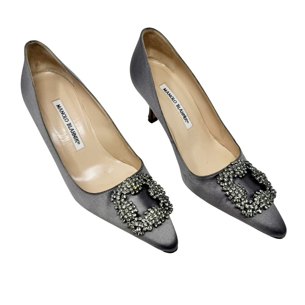 Manolo Blahnik Hangisi Grey Satin Crystal Buckle Heels Pumps 36